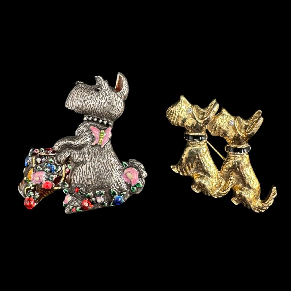 Vtg Brooch's Twin Scottie Dog Schnauzers & Silver Tone w/Colorful Flower Basket